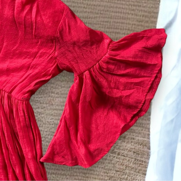 Umgee Red Adrienne Bell Sleeve Ruffle Dress S Babydoll Embroidered Boho - Picture 9 of 13